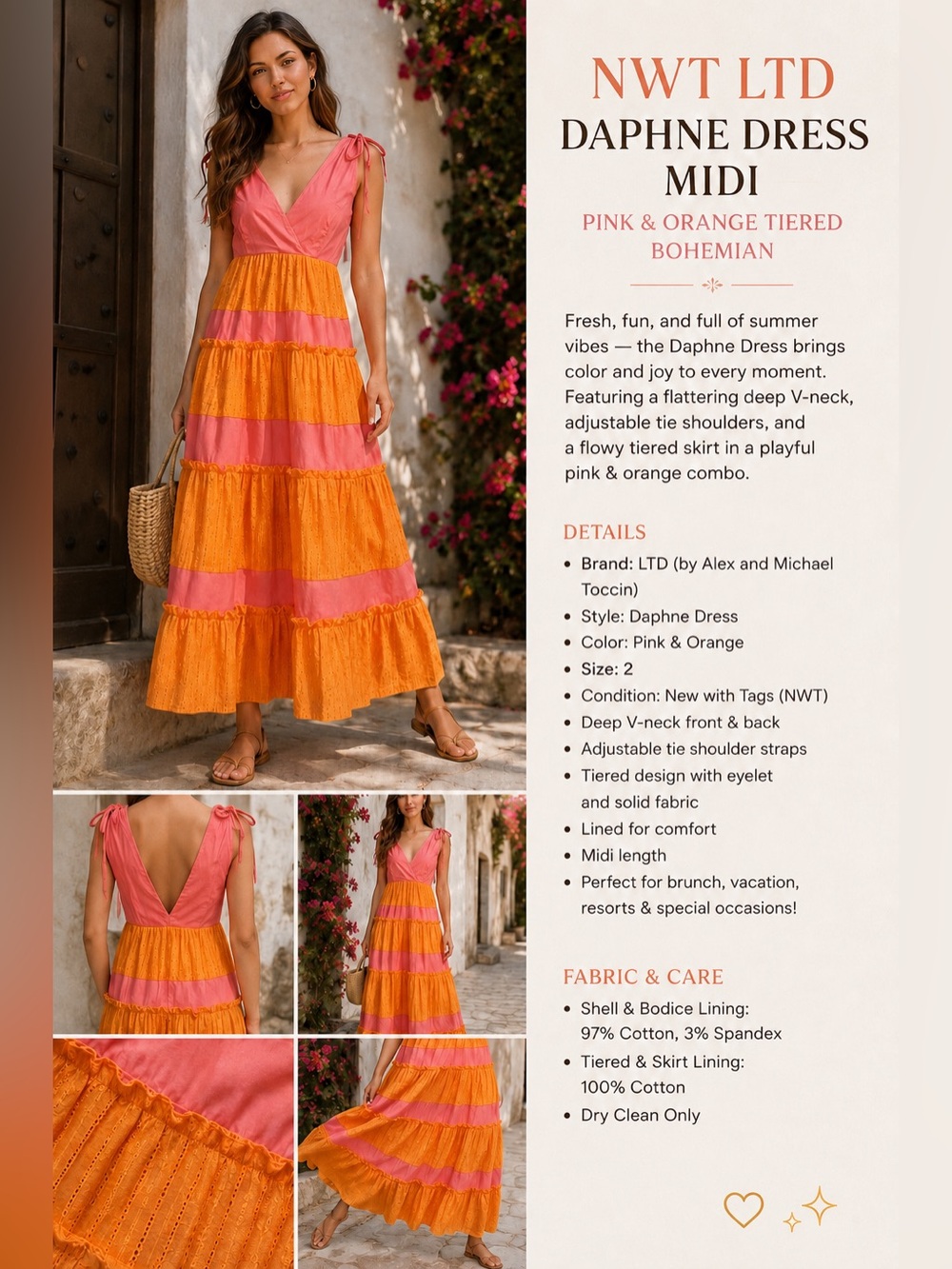 NWT LTD Daphne Dress midi pink orange tiered bohemian Colorblock pockets Rtl 219